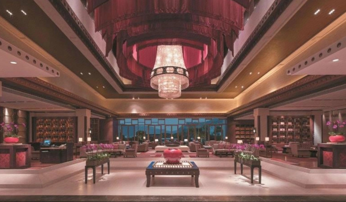 Another view of the beautifully decorated lobby at Shangri-La Lhasa hotel