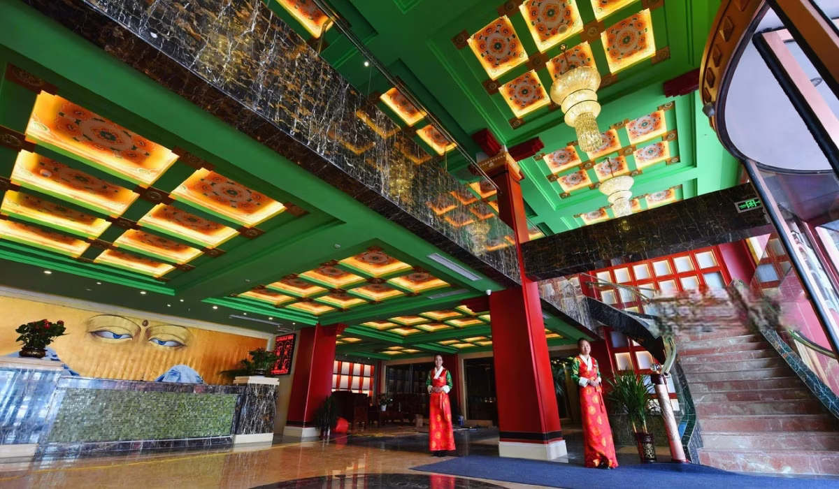 Tibetan style lobby at Lhasa Thangka Hotel