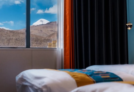 Mount Kailash view through bedroom window at Shenling Mountain Hotel
