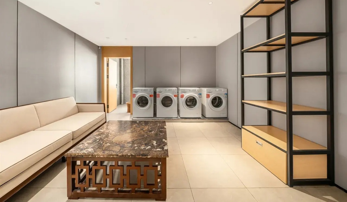 Self-service laundry room with washing machines