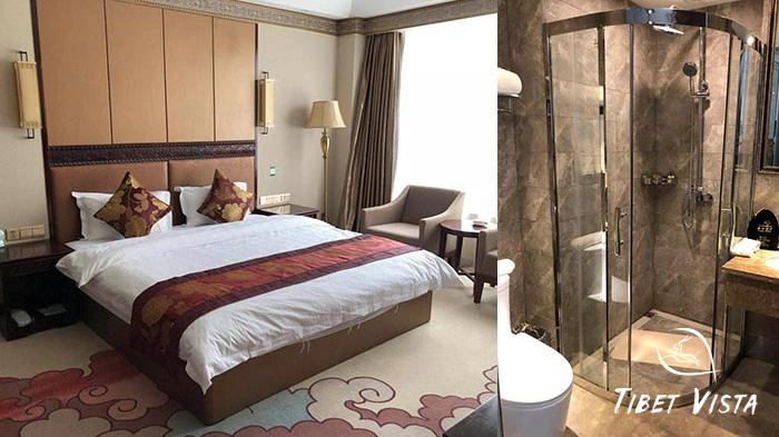 Guest room and bathrooms at Lhasa Thangka Hotel