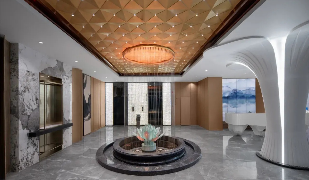 Hotel lobby entrance with lotus fountain feature
