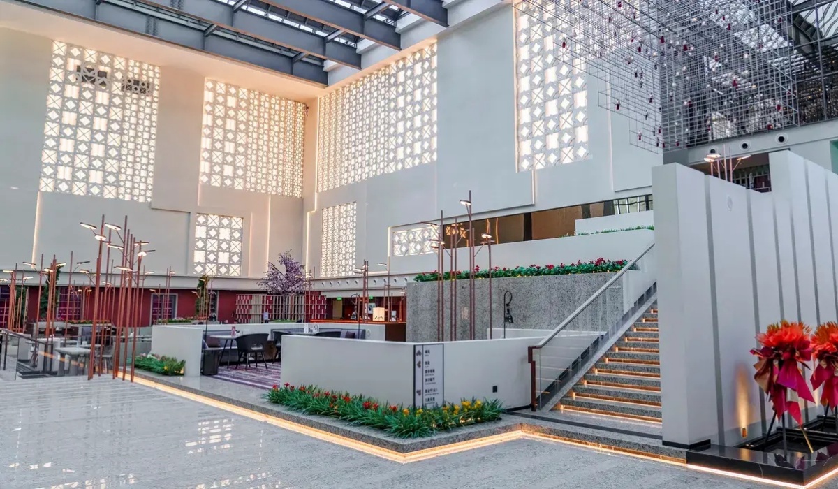 Atrium lobby with illuminated staircase