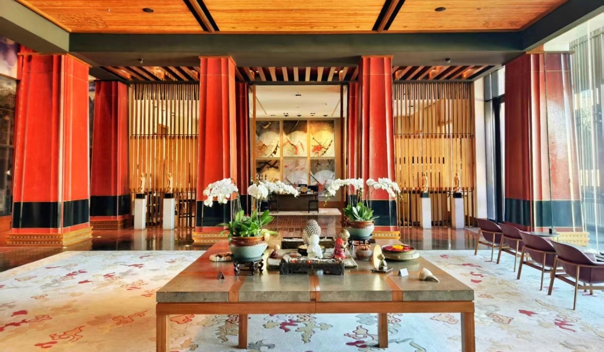 The elegant hotel lobby lounge at St. Regis Lhasa Resort