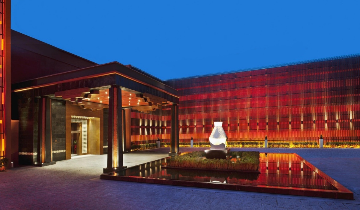 Grand main entrance of St. Regis Lhasa Resort at night