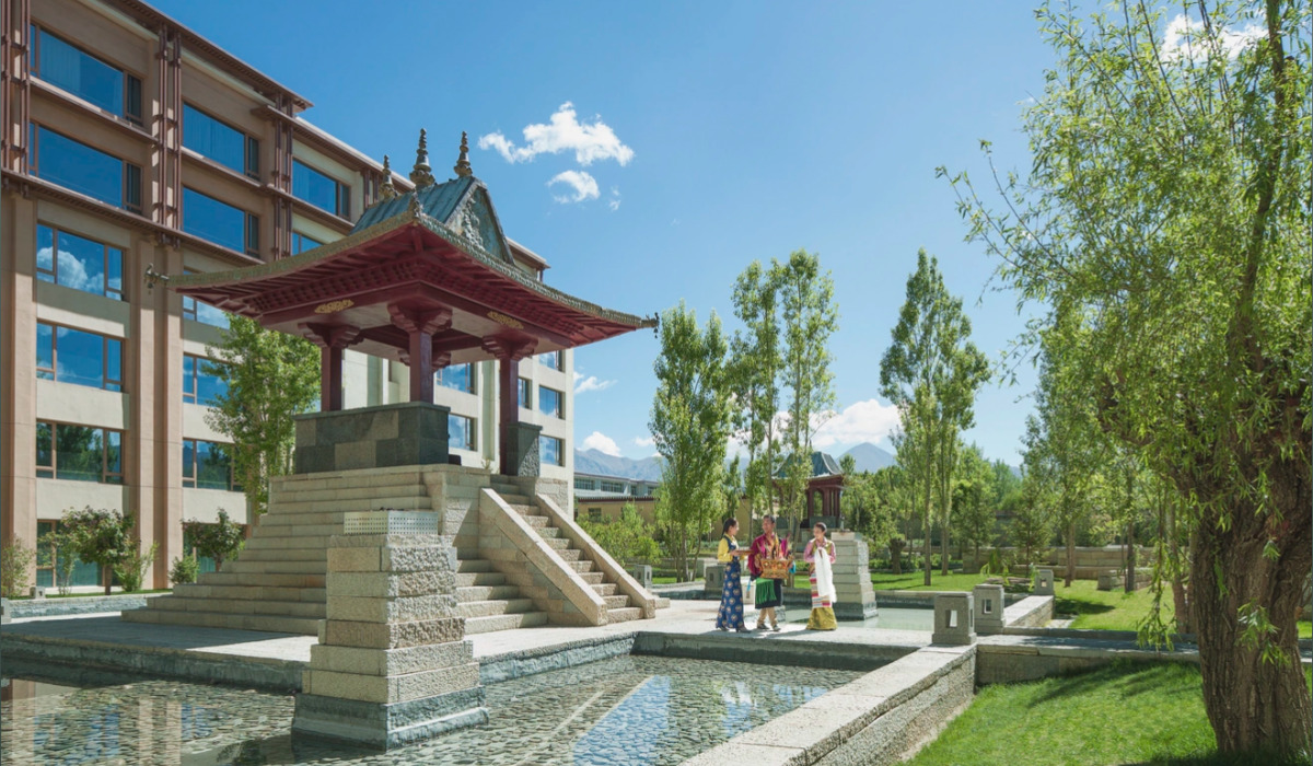 Traditional Tibetan style pavilion in the garden of Shangri-La Lhasa Hotel