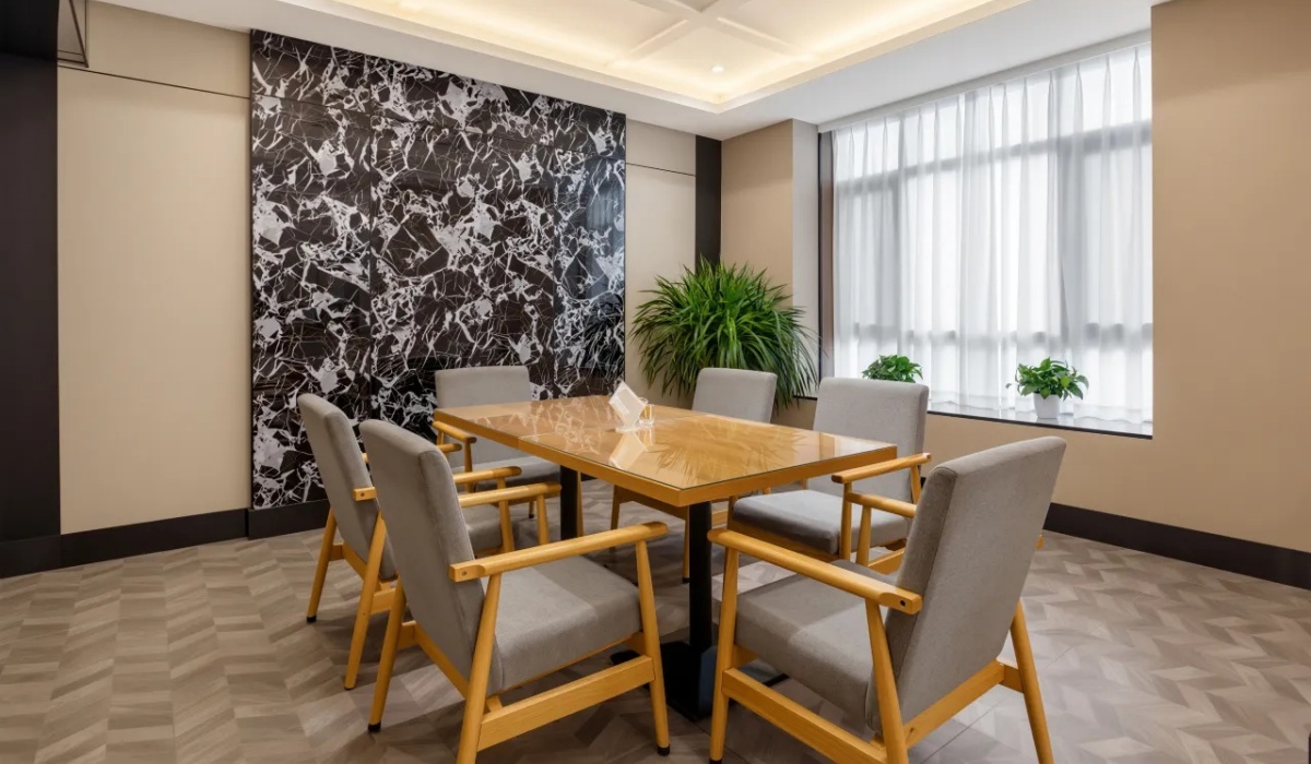 Private dining room with a large wooden table