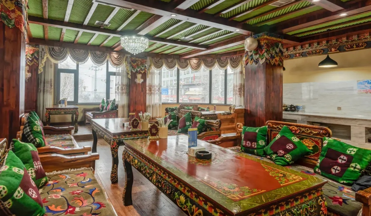 Relaxing Tibetan style tea lounge area with cushions