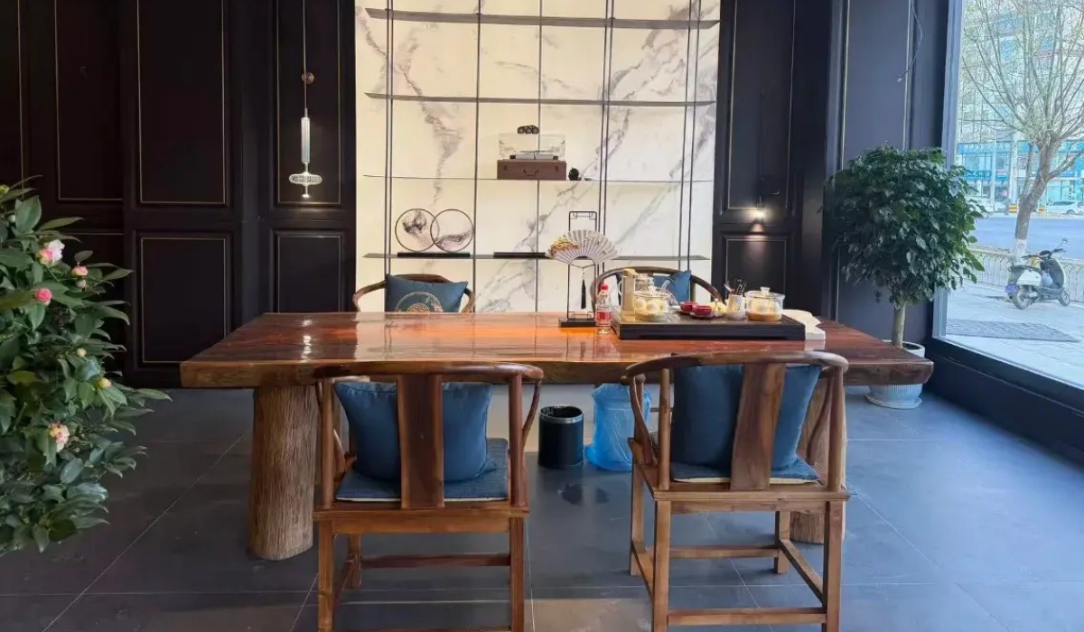 Traditional wooden tea table in hotel lobby