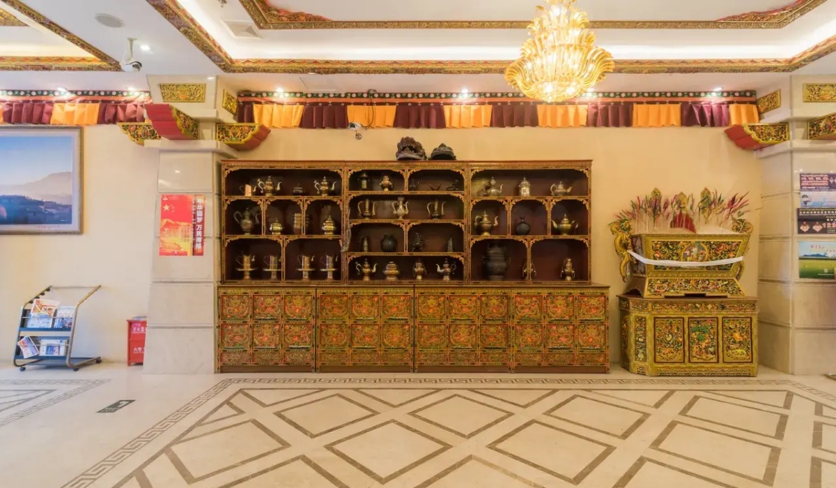 Traditional Tibetan cultural crafts on display in the lobby