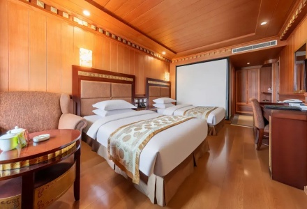 Twin room at Lhasa Yak Hotel with Tibetan-style furnishings