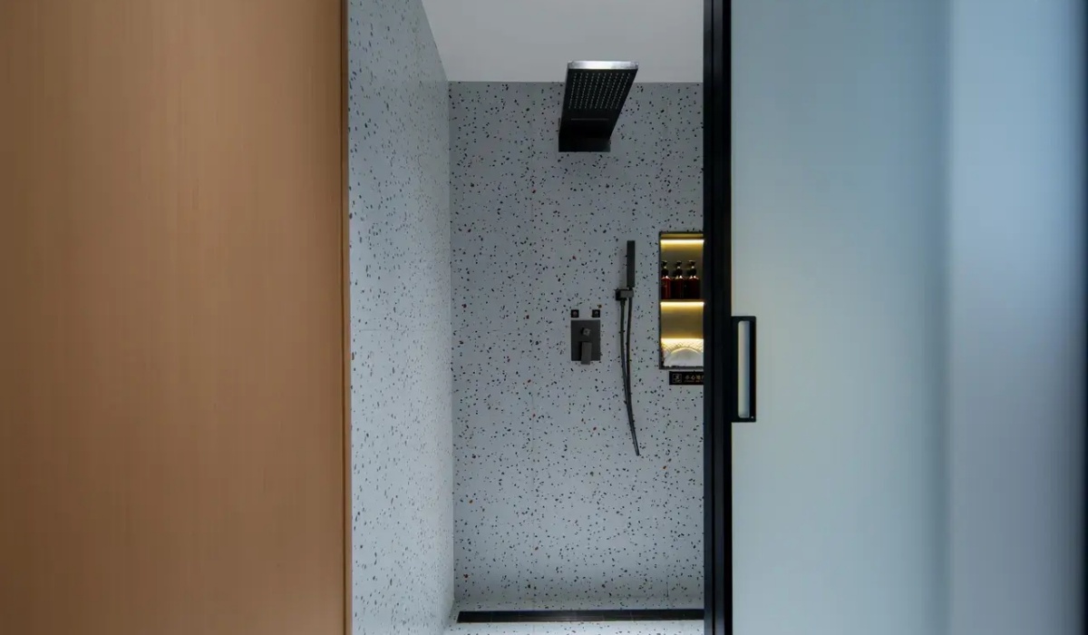 Bathroom walk-in shower with rainfall showerhead