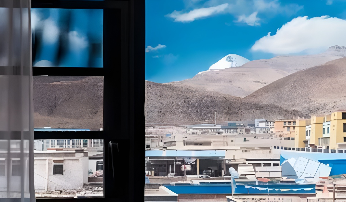 Scenic window view of Mount Kailash and Darchen town