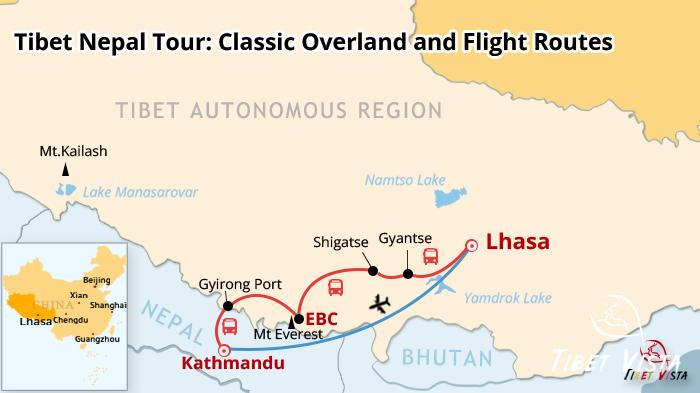 The classic overland and flight route for Tibet Nepal tour on the map