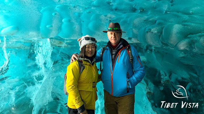 explore the stunning blue ice caves of Laigu Glaciers