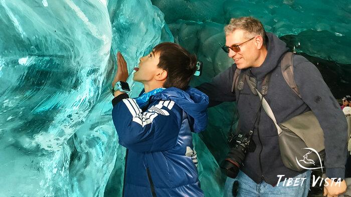 the magical blue ice inside Laigu Glacier