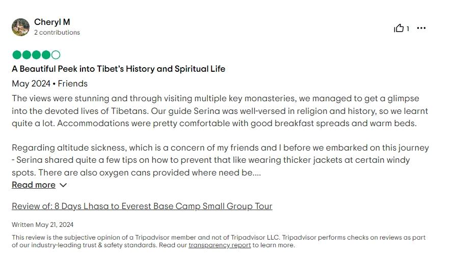 Tripadvisor review about Tserina guide service