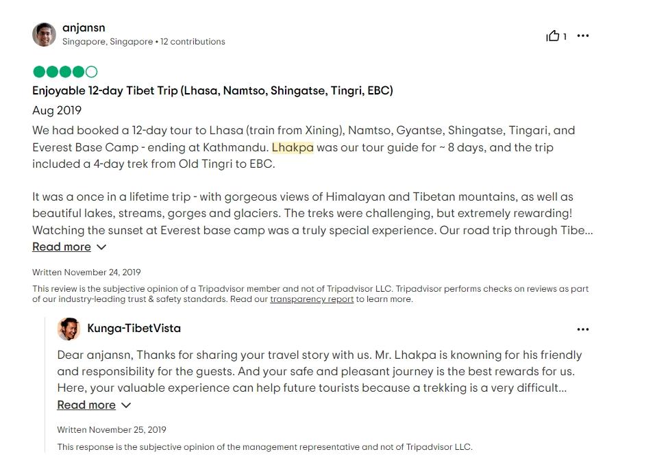 Tripadvisor review about Lhakpa Choedak guide service