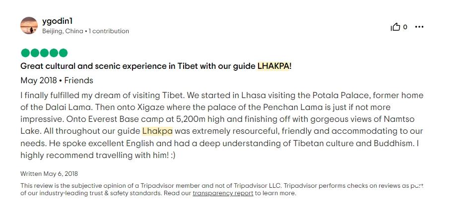 Tripadvisor review about Lhakpa Choedak guide service