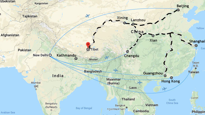 Map of travel to Tibet from India via mainland China