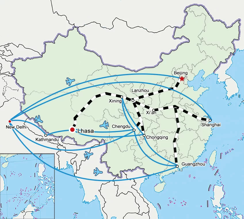 Map of Get to Tibet from India