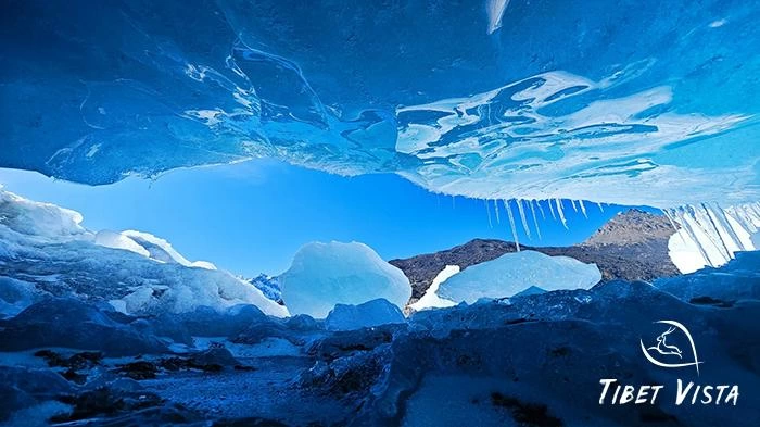 The crystal blue ice and frozen lakes of Laigu Glacier