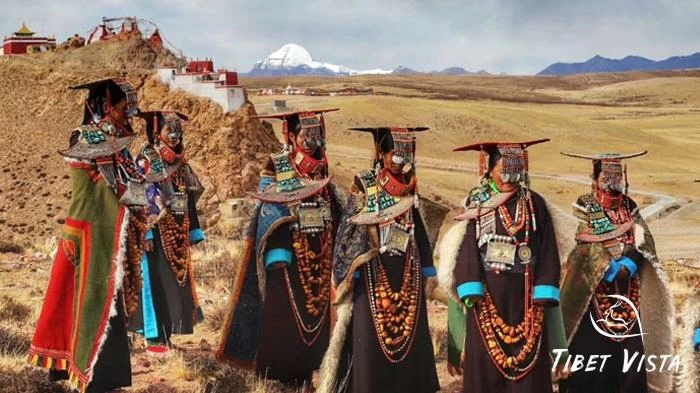 The traditional peacock Tibetan dress in Purang