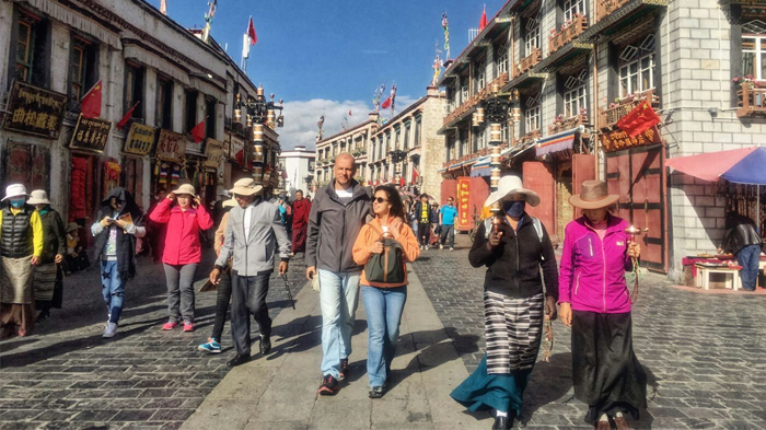 Tourists and Local Tibetan Pilgrims in Barkhor Street