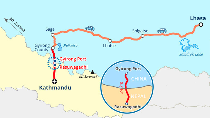 Map of Lhasa to Gyirong Port