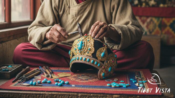 local Tibetan craftsman is crafting a headdress with gold and silver, and turquoise