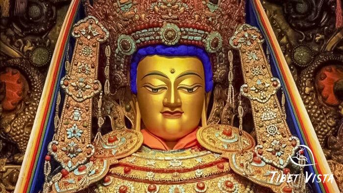 Admire the sacred life-size statue of Shakyamuni Buddha
