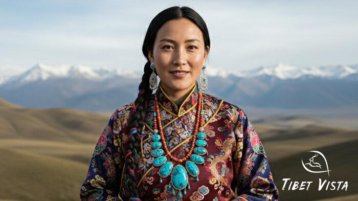 The beautiful turquoise necklace worn by a graceful Tibetan woman