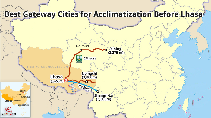 The three ideal gateway cities to Lhasa on the map