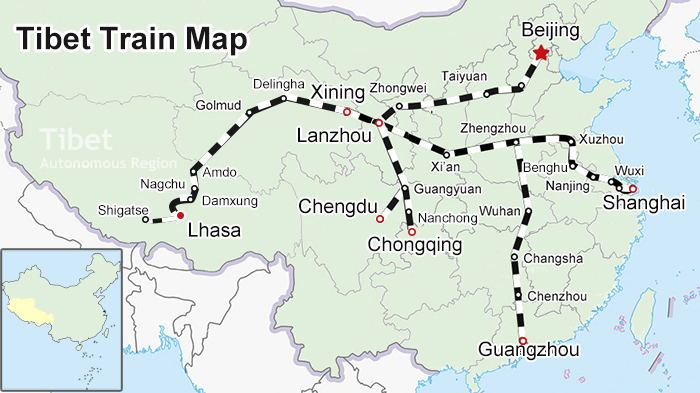 Tibet train routes across China