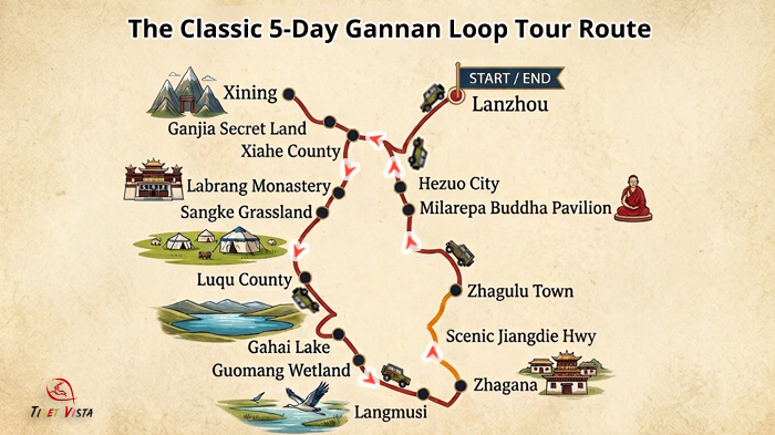 The map of the classic 5-day loop tour route in Gannan
