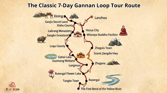 The map of the classic 7-day loop tour in Gannan