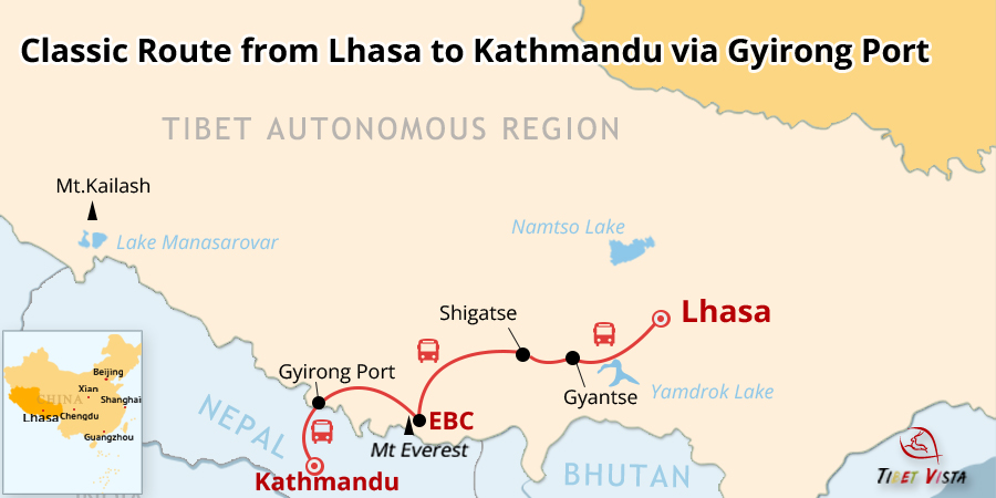 Lhasa to Kathmandu via Gyirong Port on the map