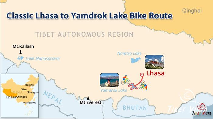 classic Lhasa to Yamdrok Lake mountain biking routes on the map