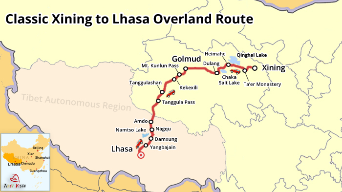 classic Xining to Lhasa overland route map