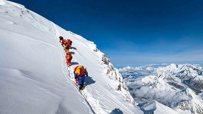 climbers climbe through northeast ridge route to summit Everest in China