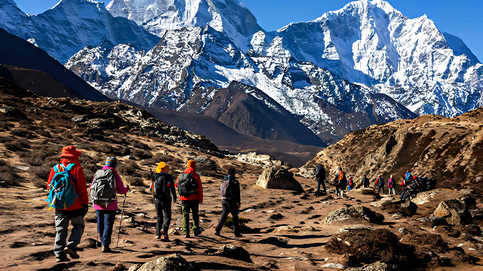 climbers trek from Lukla to Nepal Everest Base Camp