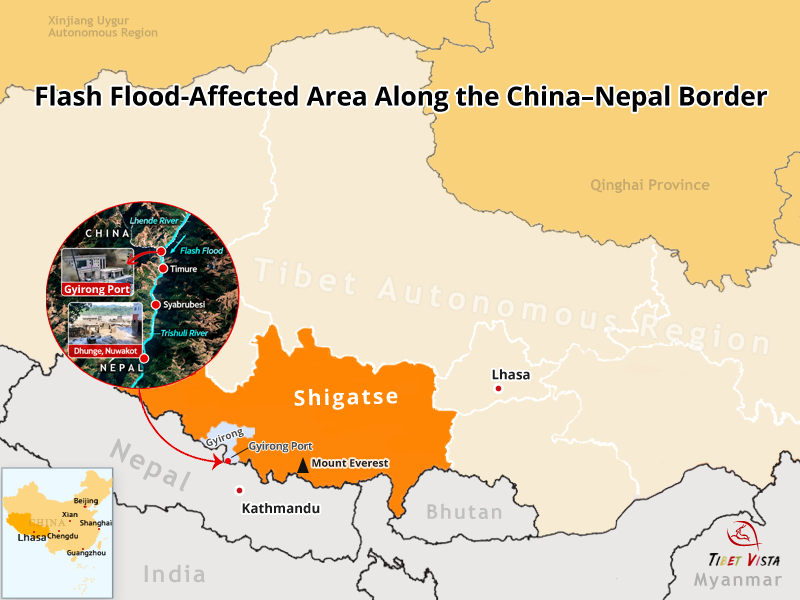 map showing the flash flood-affected region along the China–Nepal border