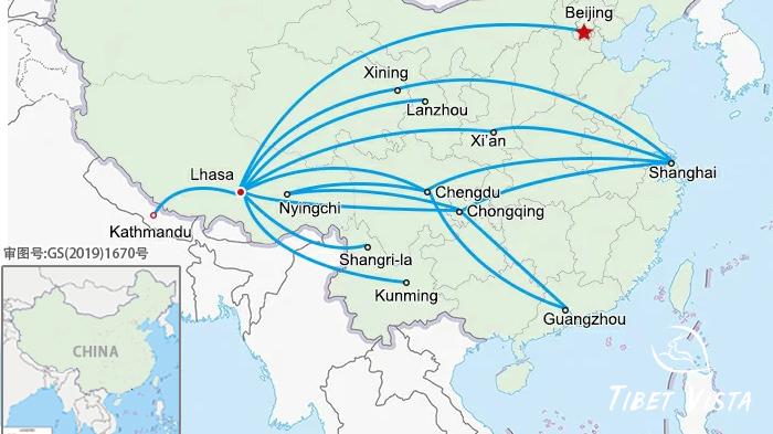Flights from different gateway cities to Tibet in China and Nepal