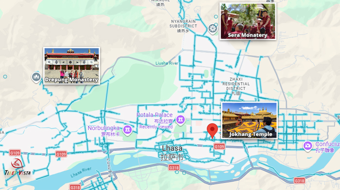 Jokhang Temple, Drepung Monastery, and Sera Monastery on the Lhasa map