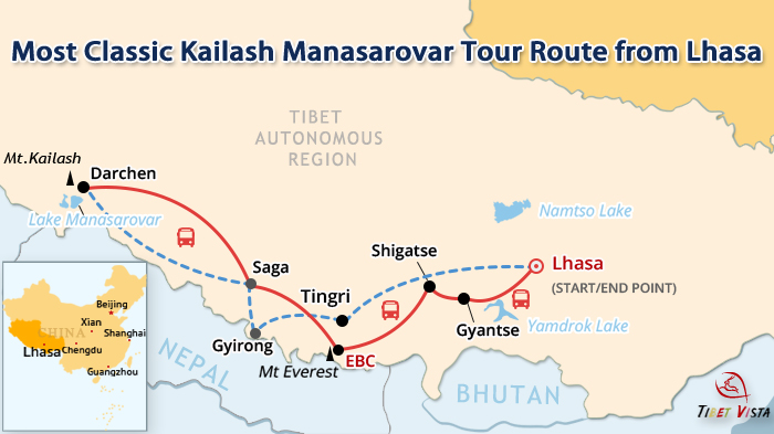 Lhasa to Mt. Kailash & Lake Manasarovar route map