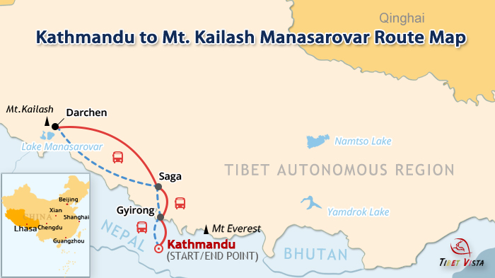 Kathmandu to Mt. Kailash & Lake Manasarovar route map