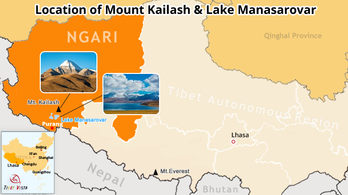 The location of Mt. Kailash and Lake Manasarovar on the map