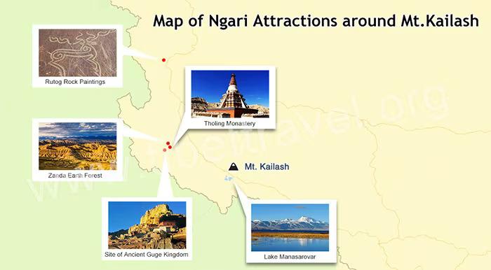 attractions around sacred Mt. Kailash on the map