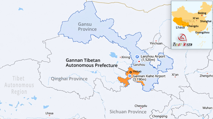 location map of Lanzhou and Xiahe airports