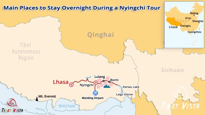 main places to stay overnight for accommodation for a Nyingchi tour